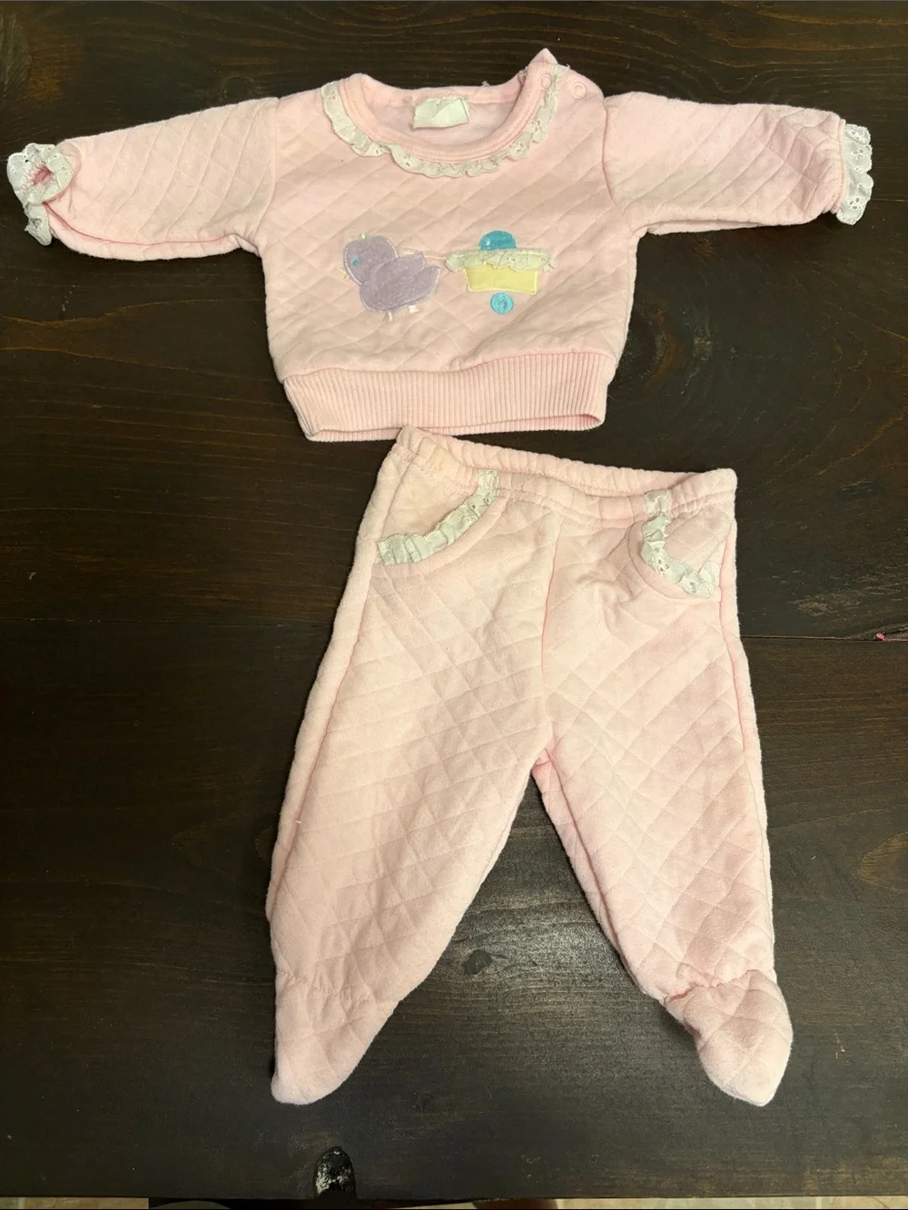 Vtg Pink Quilted Baby Pajama Set - Soft Footed Pants & Long Sleeve Top 3-6 month